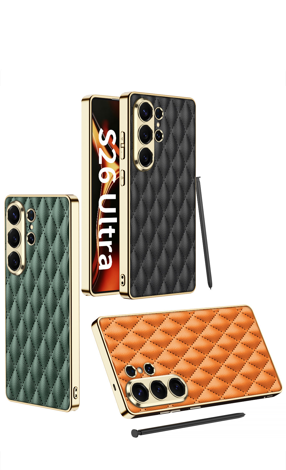 Premium Leather Cushion Back Cover for Samsung S26 Ultra | Luxury Quilted Design | Shockproof Protective Case with Stylus Slot