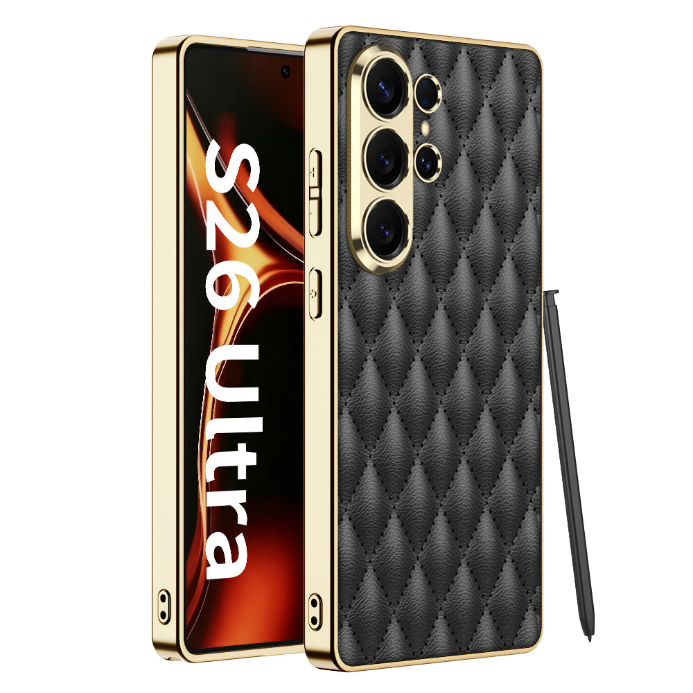 Premium Leather Cushion Back Cover for Samsung S26 Ultra | Luxury Quilted Design | Shockproof Protective Case with Stylus Slot